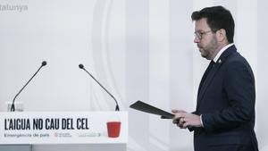 Pere Aragonès, durante el anuncio de la Generalitat de la emergencia por sequía en Catalunya