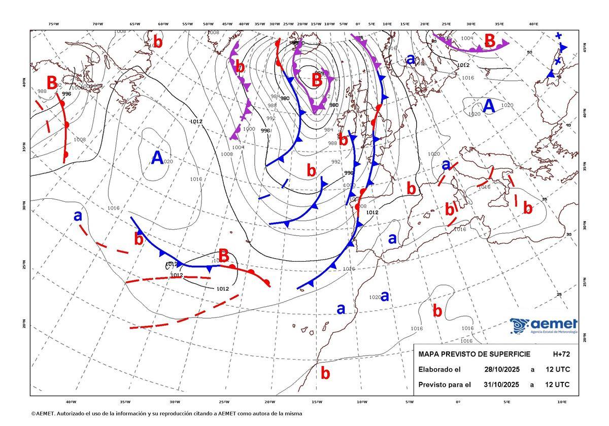 Los frentes asociados a la borrasca, el próximo viernes al mediodía