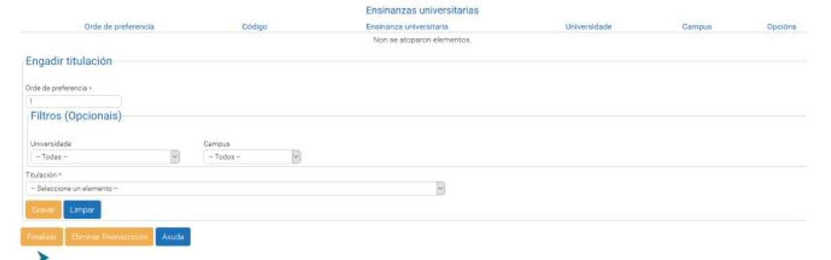 Aspecto de solicitud de preinscripción a la Universidad en la aplicación Nerta