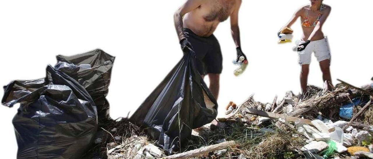 Voluntarios recogen plásticos en las playas de Cíes. // Campus do Mar