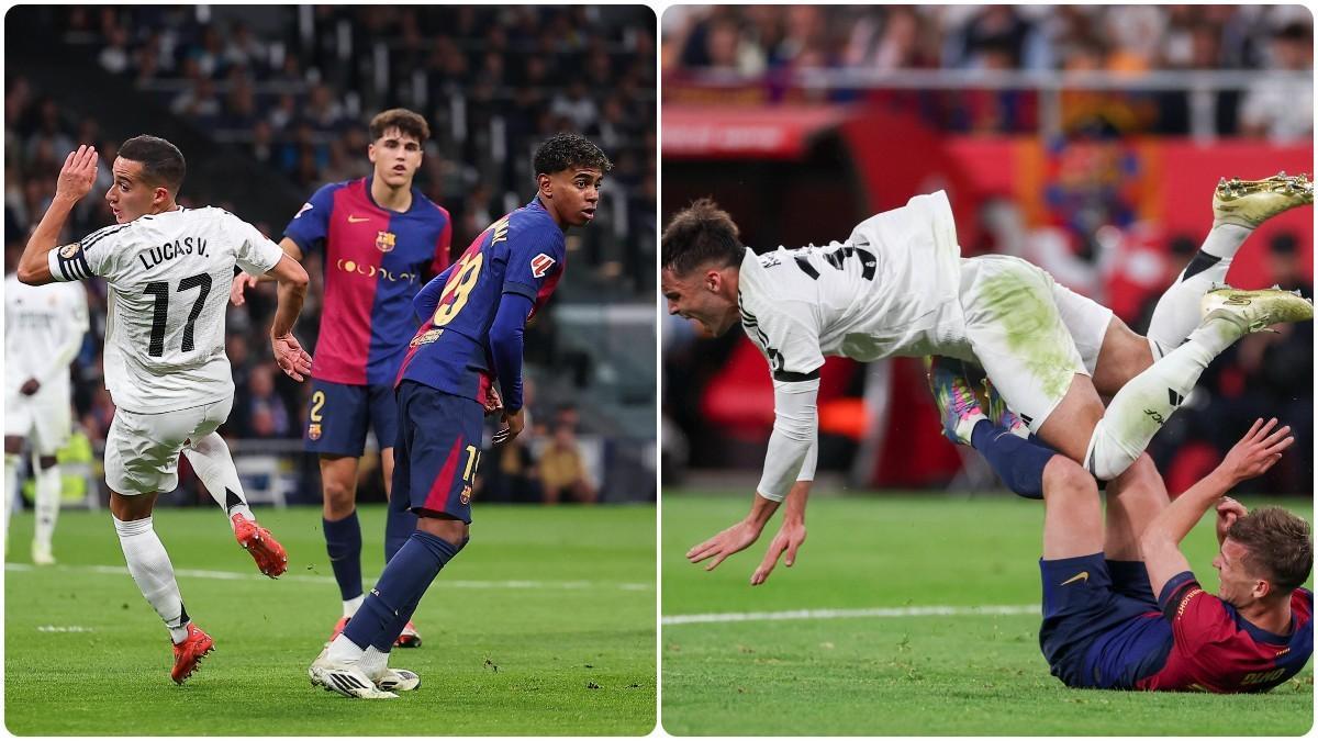 Lucas, Cubarsí, Lamine y Olmo luchando con Lucas y Asencio