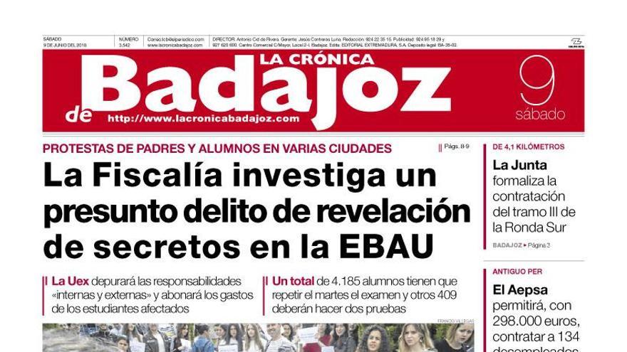 Esta es la portada de LA CRÓNICA DE BADAJOZ correspondiente al día 9 de junio del 2018