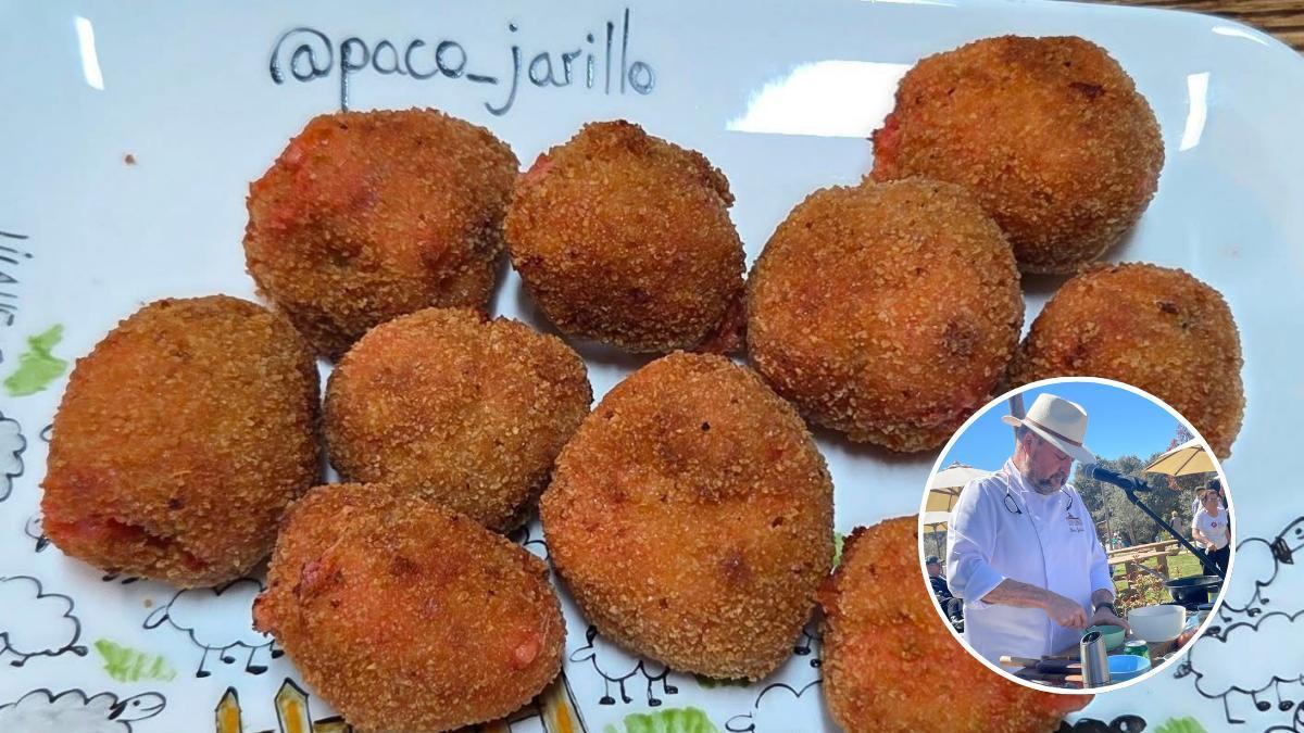 Croquetas de patatera y, en el círculo, Paco Jarillo.