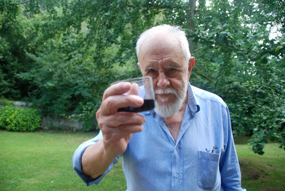 Gonzalo Suárez, con un vaso de vino en su casa de Llanes tras conocer que recibirá el Goya de Honor.