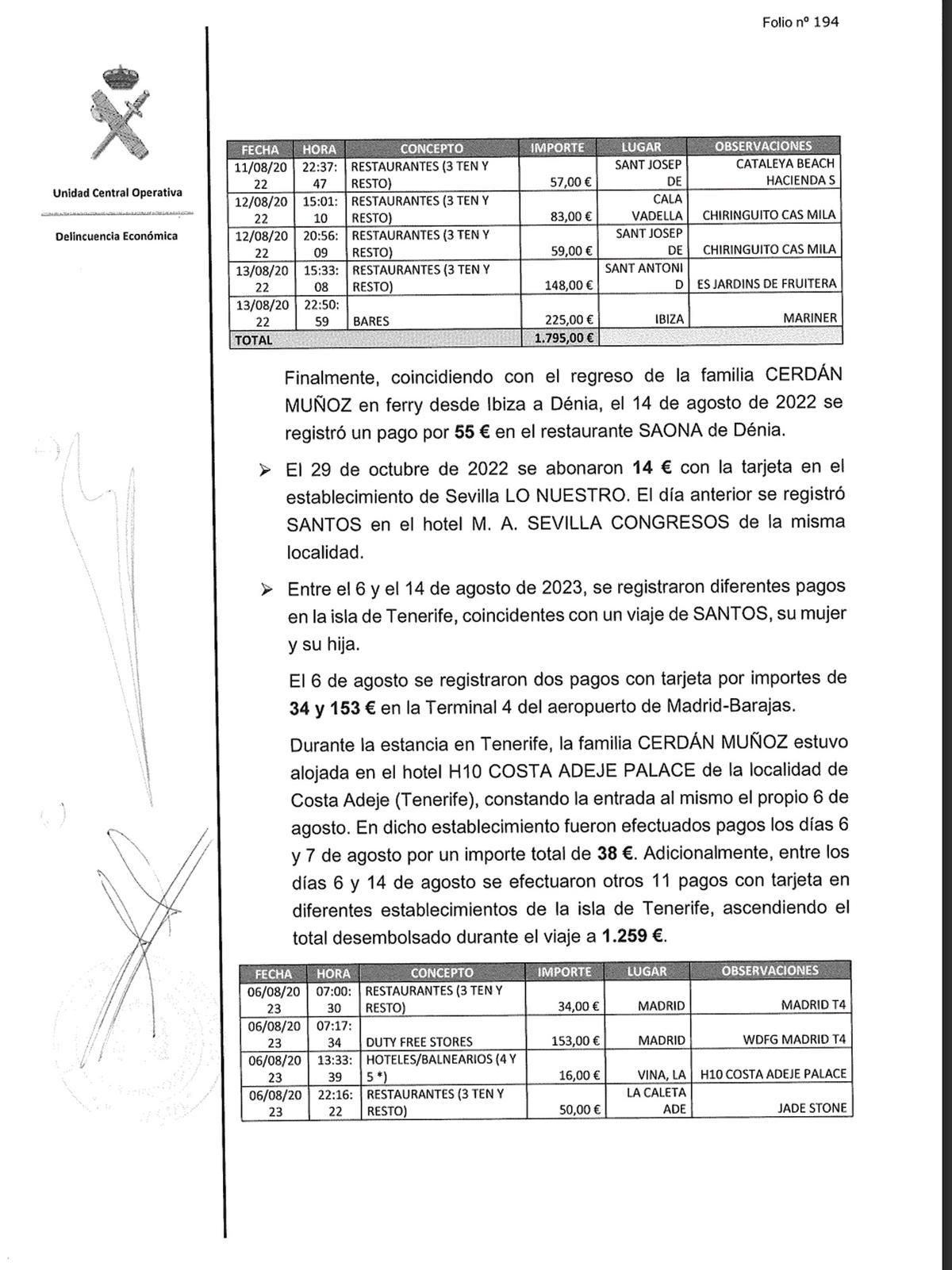 Folios de la investigación de la Unidad Central Operativa (UCO) de la Guardia Civil donde detallan los gastos de Santos Cerdán y su familia a Tenerife.
