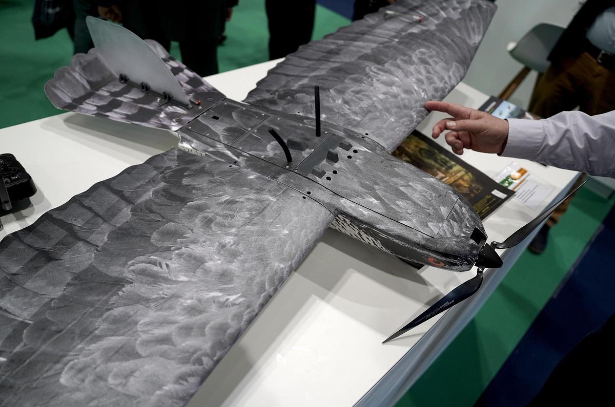 El dron con forma de águila de la Guardia Civil lleva antenas flexibles en el lomo y el rotor en el pico