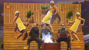 KAJ from Sweden performs the song Bara Bada Bastu during the dress rehearsal for the Grand Final of the 69th Eurovision Song Contest, in Basel, Switzerland, Friday, May 16 2025. (AP Photo/Martin Meissner) Associated Press / LaPresse Only italy and spain. EDITORIAL USE ONLY/ONLY ITALY AND SPAIN