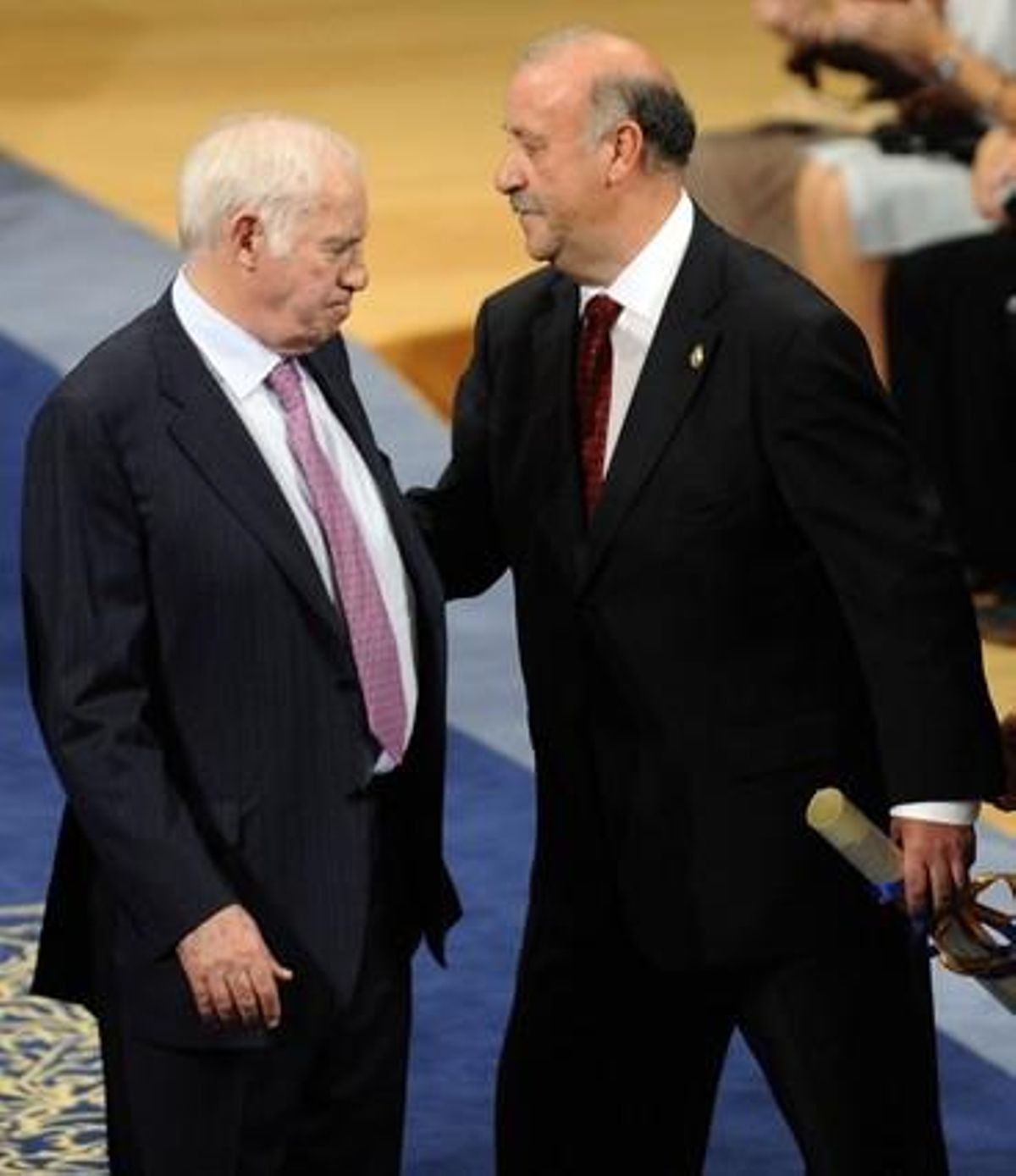 L’exentrenador de la selecció nacional de futbol d’Espanya Luis Aragonés i l’entrenador titular, Vicente del Bosque, després de la presentació del 2010 del premi Príncep d’Astúries dels esports.