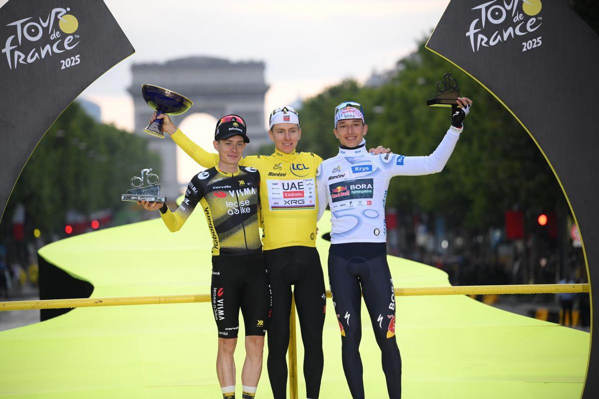 Tadej Pogacar, Jonas Vingegaard y Florian Lipowitz en el podio del último Tour
