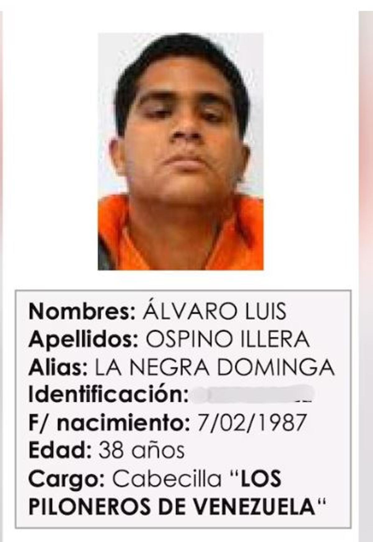Ficha policial antigua de Álvaro Luis Ospina Illera, alias La Negra Dominga.