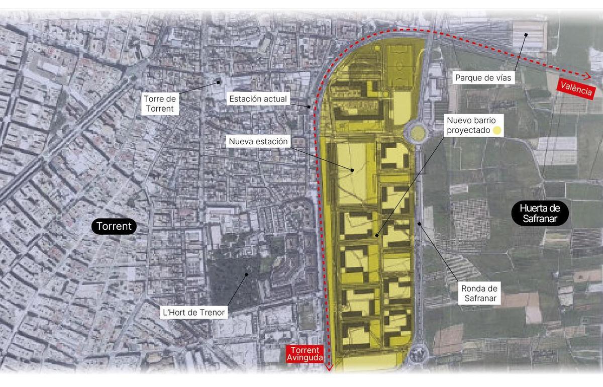 Las vías, en rojo, junto a nuevo barrio y la estación proyectada.