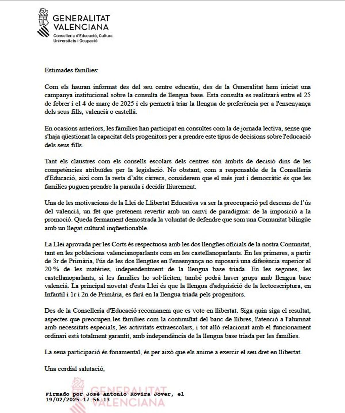 La carta de la Conselleria de Educación a las familias ante la consulta de la lengua
