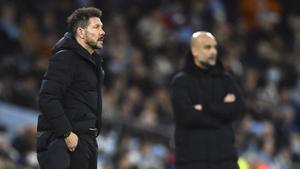 Simeone durante el partido de ida de cuartos de final de la Champions League contra el Manchester City