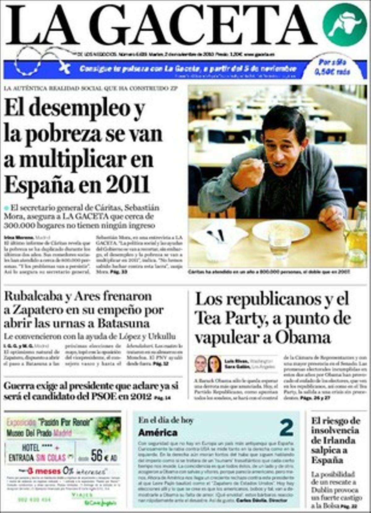 ’La Gaceta’ explica a dins que les víctimes del terrorisme d’ETA sortiran al carrer a Madrid contra el Govern dissabte que ve sense el suport de cap partit, encara que sí amb el de polítics a títol personal, com Esperanza Aguirre; que la banca tanca l’aixeta a les empreses i l’obre a les Administracions Públiques; i que Andalusia i Catalunya concentren un terç de les empreses públiques.