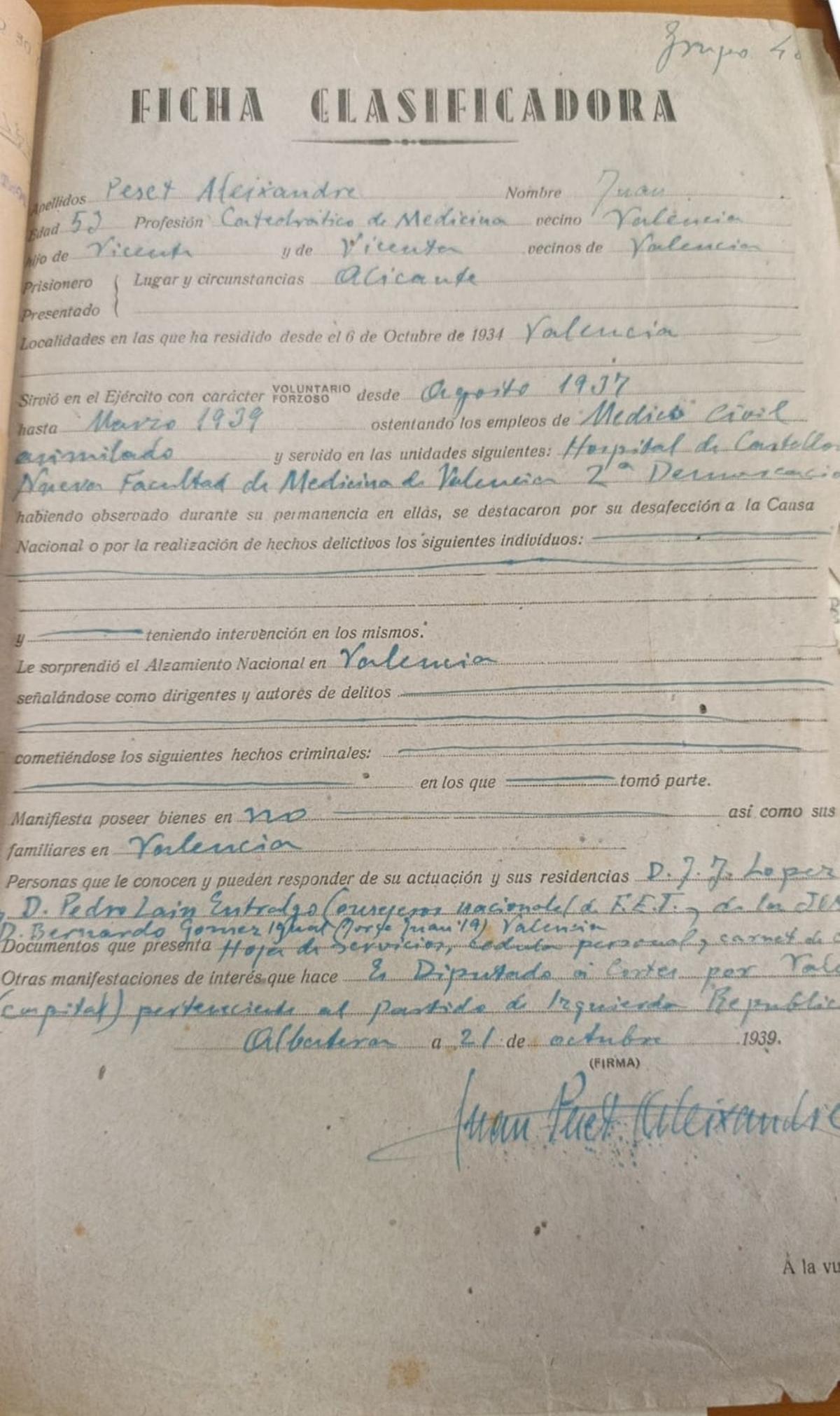 Ficha clasificatoria de Peset Aleixandre en el campo de concentración de Albatera.