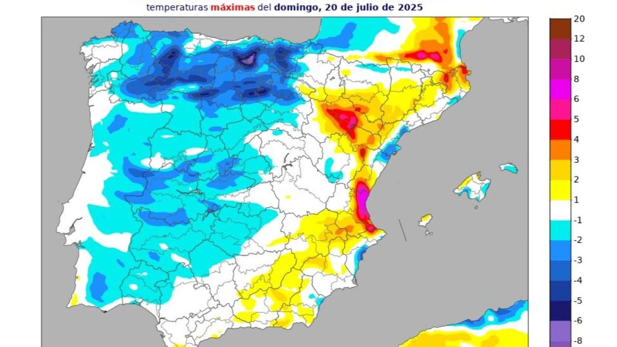 Diferencia de temperatura entre el sábado y el domingo en Córdoba, según mapa difundido por la Aemet.