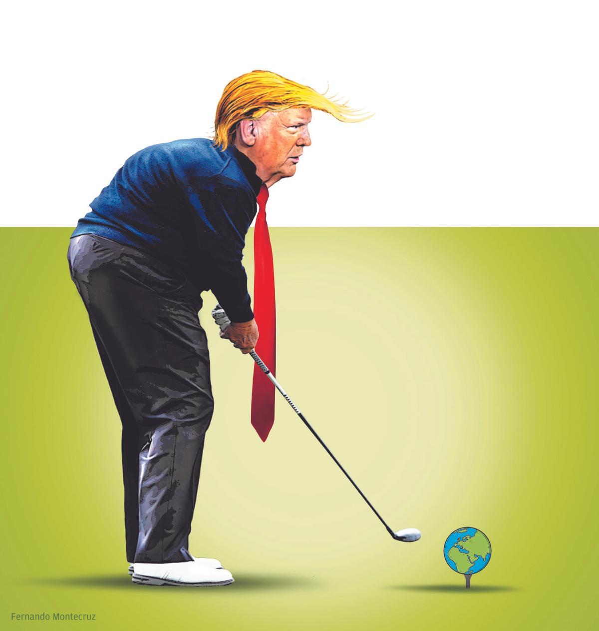 Ilustración de Trump usando el mundo como bola de jugar al golf