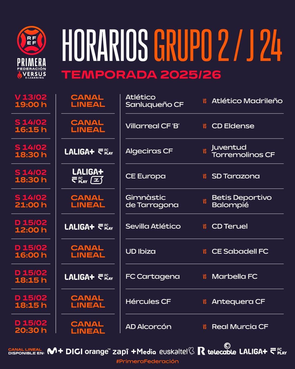 Horarios y televisiones de la jornada 24 en el grupo 2 de Primera Federación que se juega esta semana.