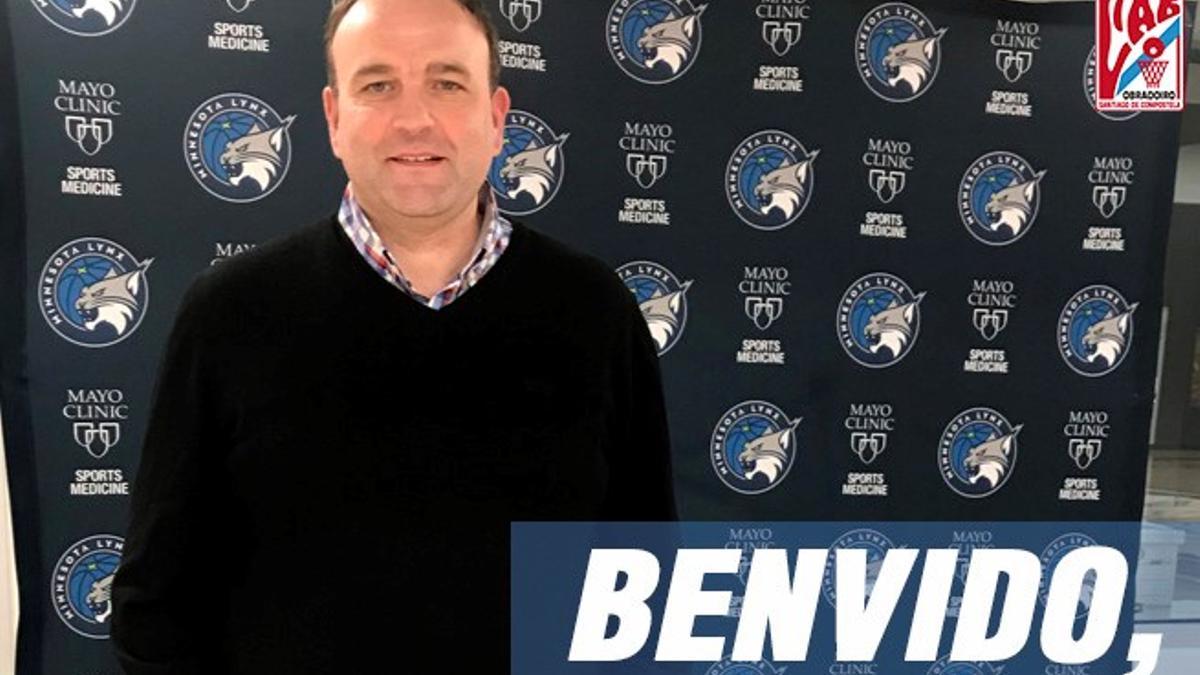 Foto de bienvenida del Monbus Obradoiro al nuevo director deportivo del club, Eduardo Pascual