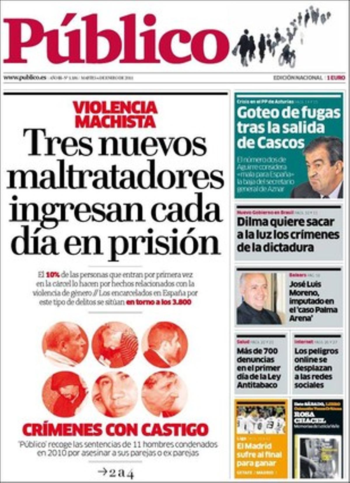 ’Público’ destaca a més que la direcció del PSOE fa pinya perquè José Luis Rodríguez Zapatero torni a optar a la presidència del Govern el 2012; que el poder adquisitiu cau a Espanya per segona vegada en una dècada; que les amenaces ’on line’ apunten ara cap a les xarxes socials; i que un iogurt espanyol contra la hipertensió arribarà al març.