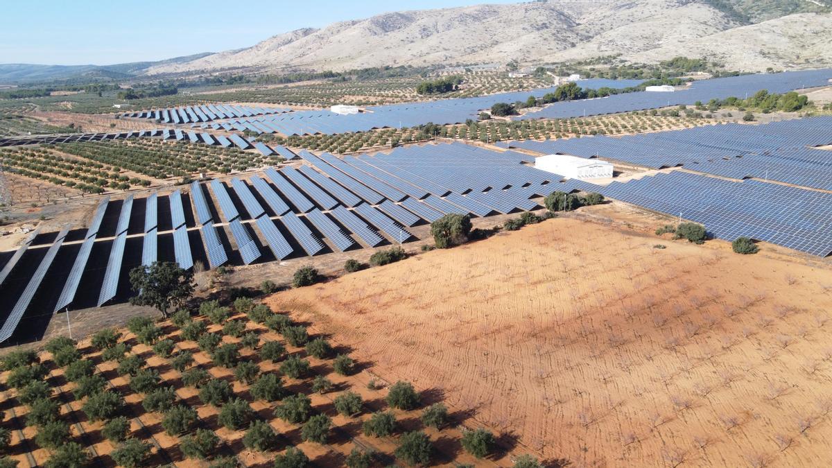 Parque fotovoltaico en suelo de secano junto a tierras áridas al norte de Alicante.