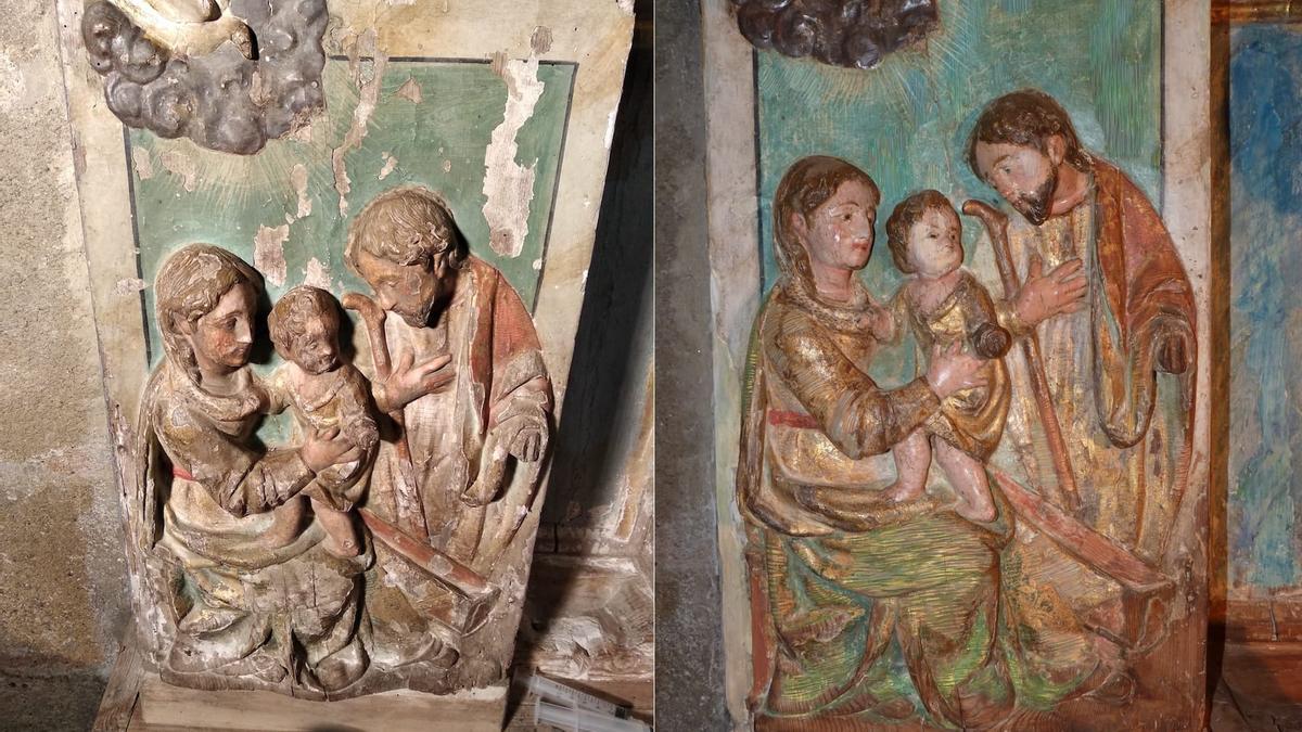 Un detalle del retablo del Cristo del Perdón antes y después de la restauración.