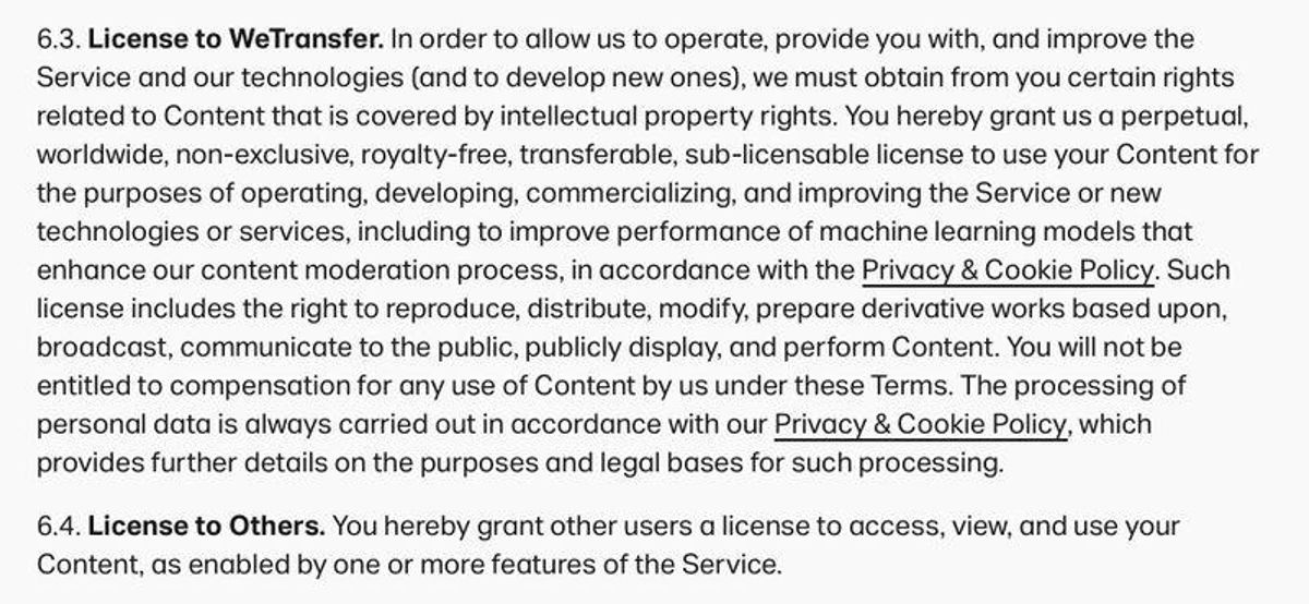 Documento original en el que WeTransfer explicita que se hará con el derecho a tus contenidos.