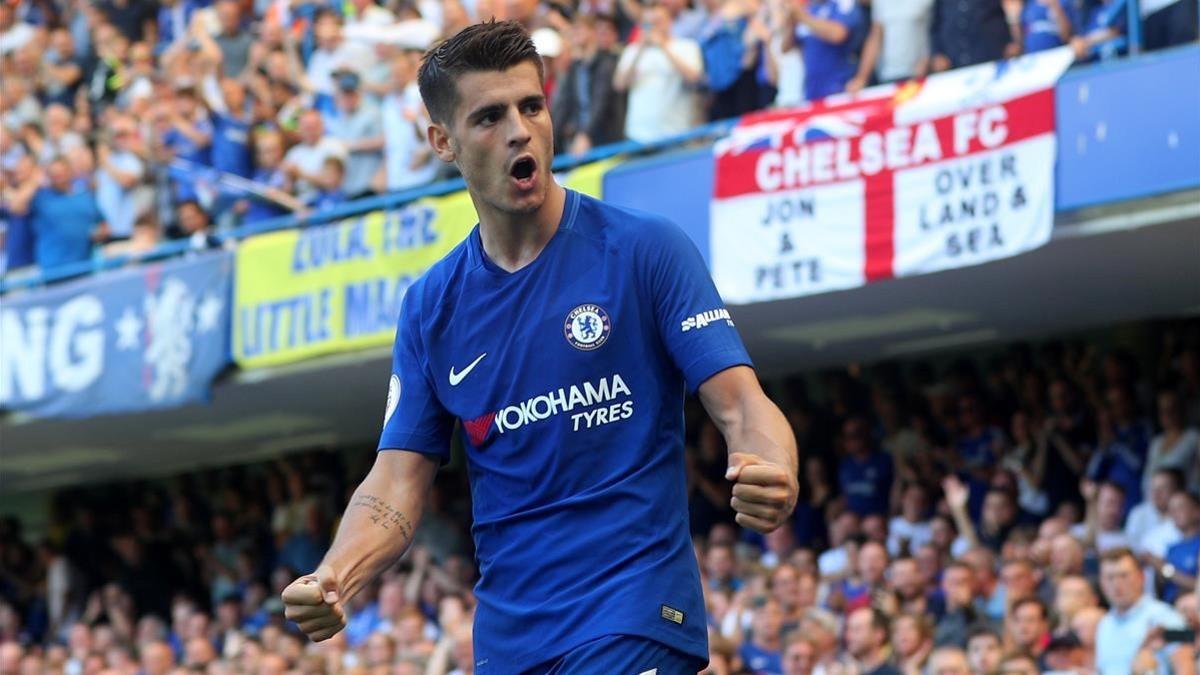 Morata celebra su tanto ante el Everton.