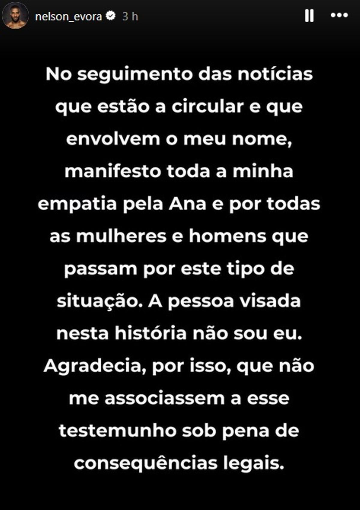 Comunicado de Nelson Évora en redes sociales sobre el testimonio de su expareja Ana Peleteiro.