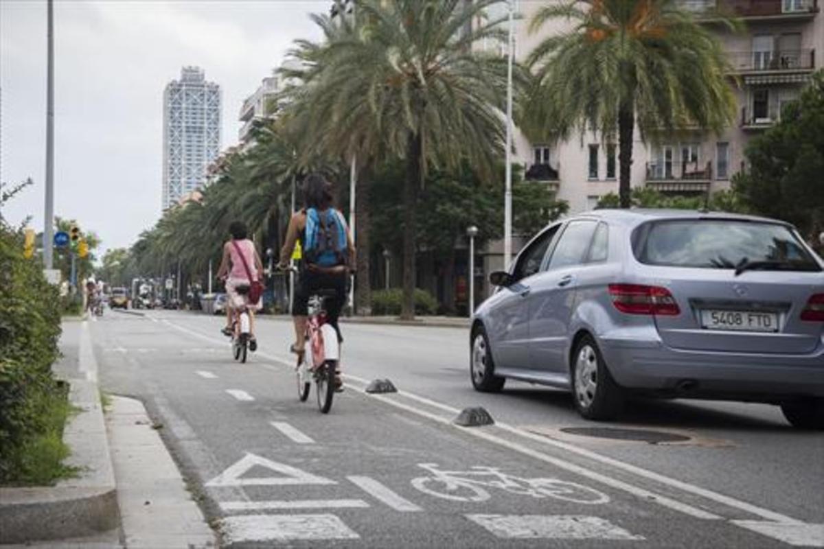 Dos ciclistes circulen pel carril bici de dues direccions del carrer de Marina.
