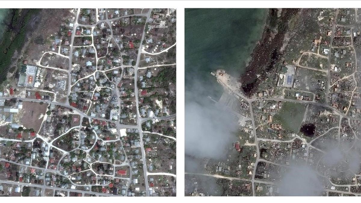 Combinación de imágenes de satélite que muestran Codrington, una localidad de Antigua y Barbuda, realizadas el 24/04/2014 y el 08/09/2017, es decir, antes y después de ser arrasadas por el huracán 'Irma'.