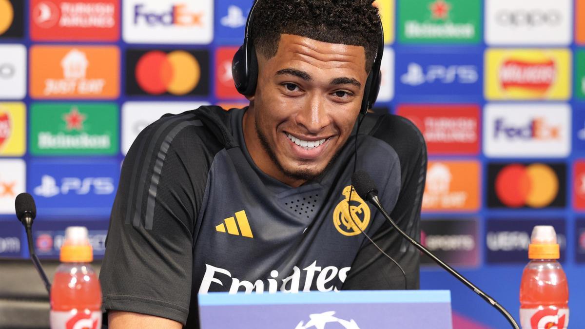 Jude Bellingham, jugador del Real Madrid, durante su comparecencia en la previa al Manchester City - Real Madrid.