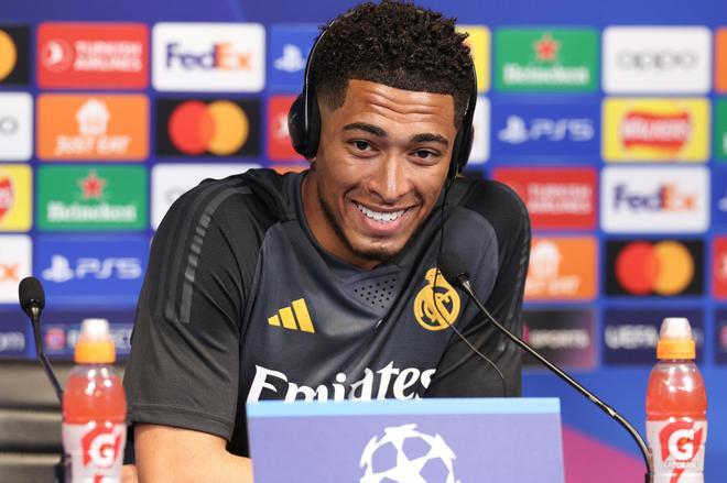 Jude Bellingham, jugador del Real Madrid, durante su comparecencia en la previa al Manchester City - Real Madrid.