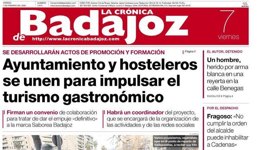 Esta es la portada de LA CRÓNICA DE BADAJOZ correspondiente al día 7 de febrero del 2020