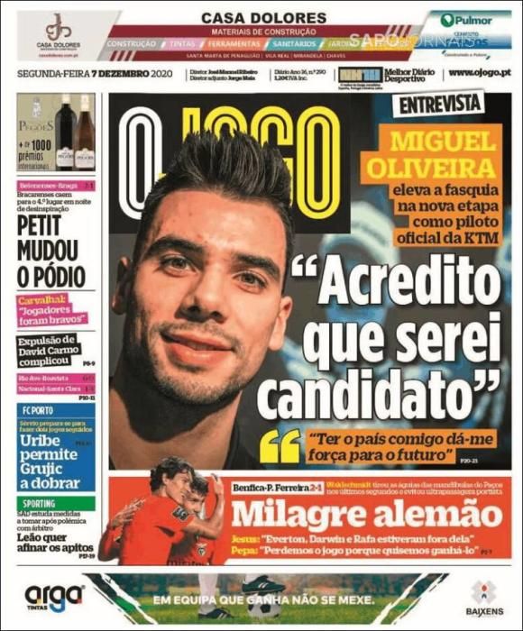 Portada O JOGO lunes 7 diciembre 2020