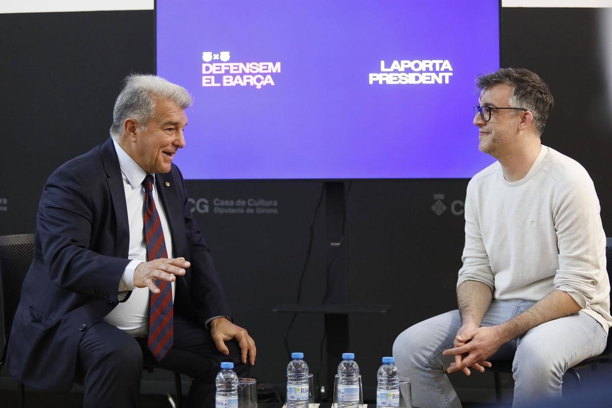 Girona. Casa Cultura. Acte electoral Joan Laporta (president del Barça FCB). Candidatura Defensem el Barça. Jordi Bofill (periodista DdG).