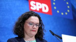 La líder socialdemócrata alemana, Andrea Nahles, tras las elecciones europeas del 2019. 