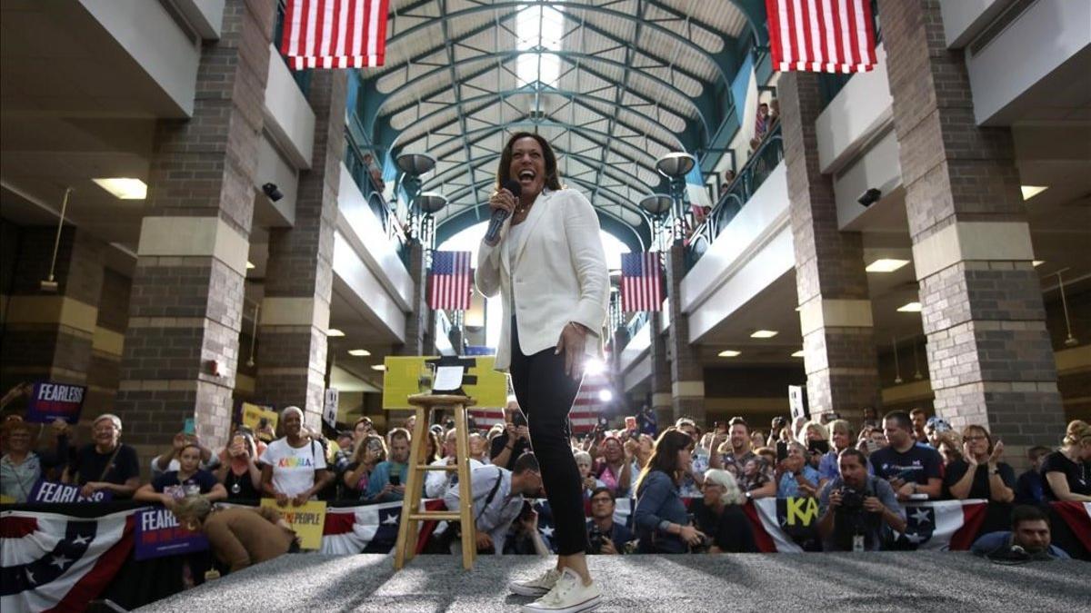 Kamala Harris, en un acto en Davenport, en Iowa, a mediados de agosto.