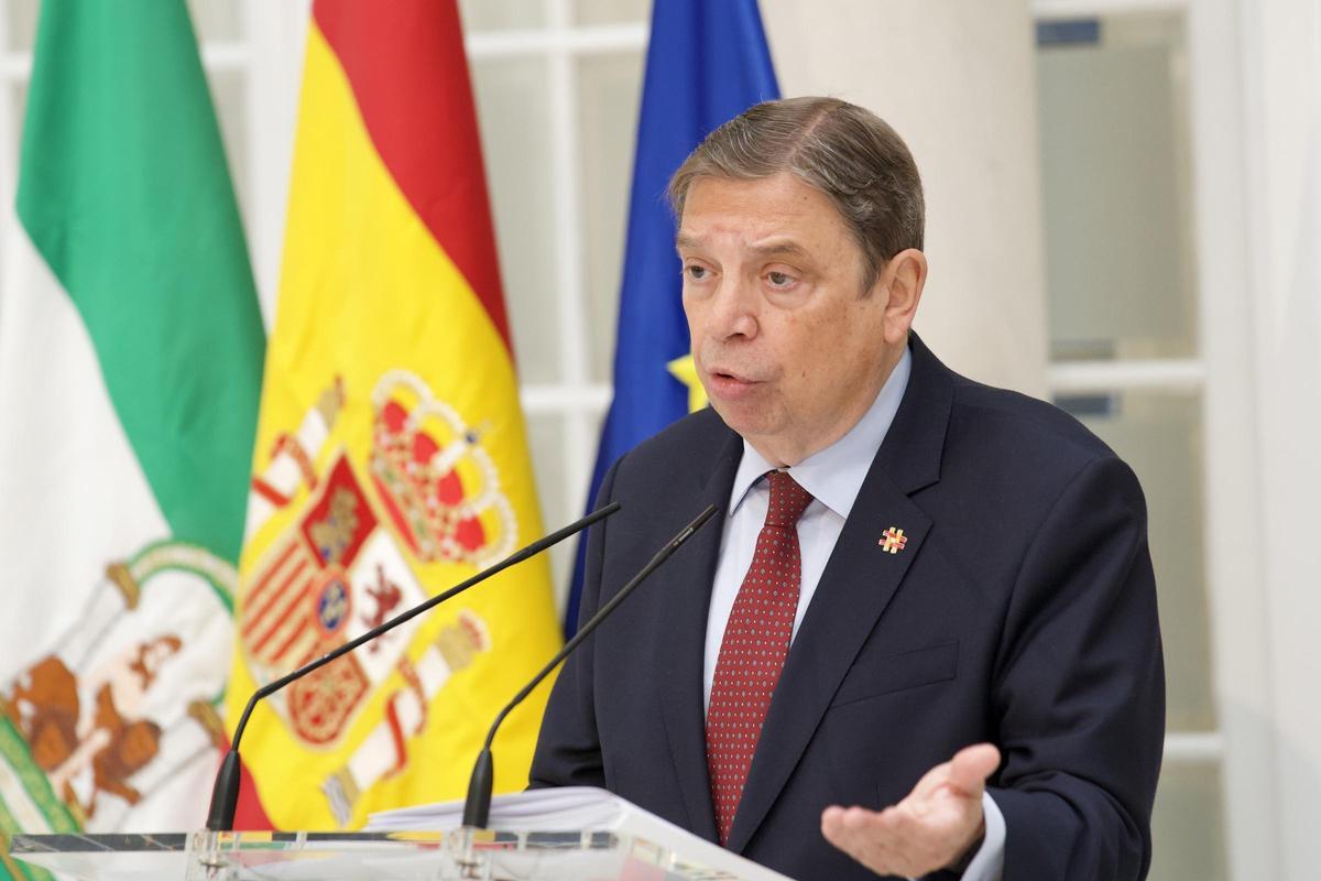 El ministro de Agricultura, Pesca y Alimentación, Luis Planas, ofrece una rueda de prensa para informar sobre la reunión mantenida con el comisario europeo de Salud y Bienestar de los Animales, Olivér Várhelyi, este lunes.