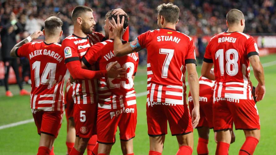 Els jugadors del Girona celebrant un gol a l'estadi de Montilivi.