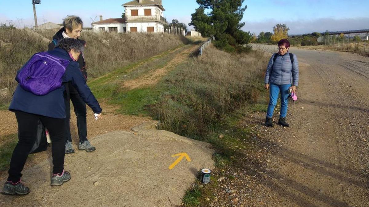 Tres de las voluntarias pintan una flecha en un Camino de Santiago. | Cedida