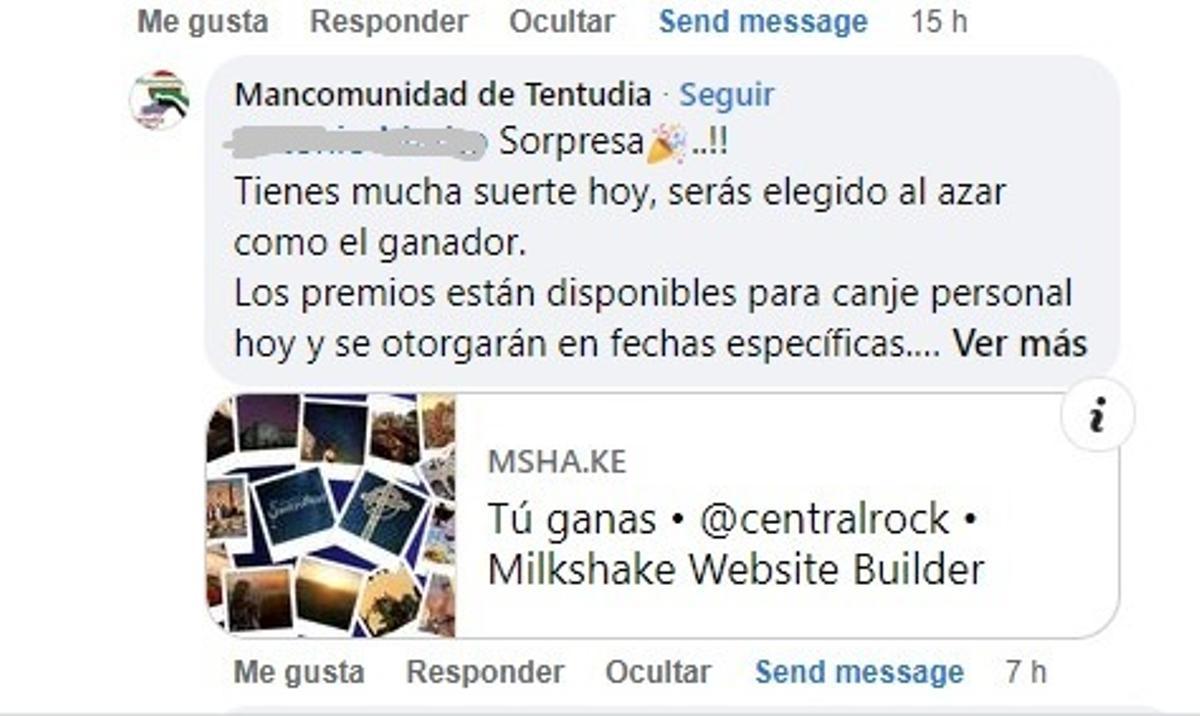 Pantallazo SPAM sobre en un perfil ajeno al de la mancomunidad