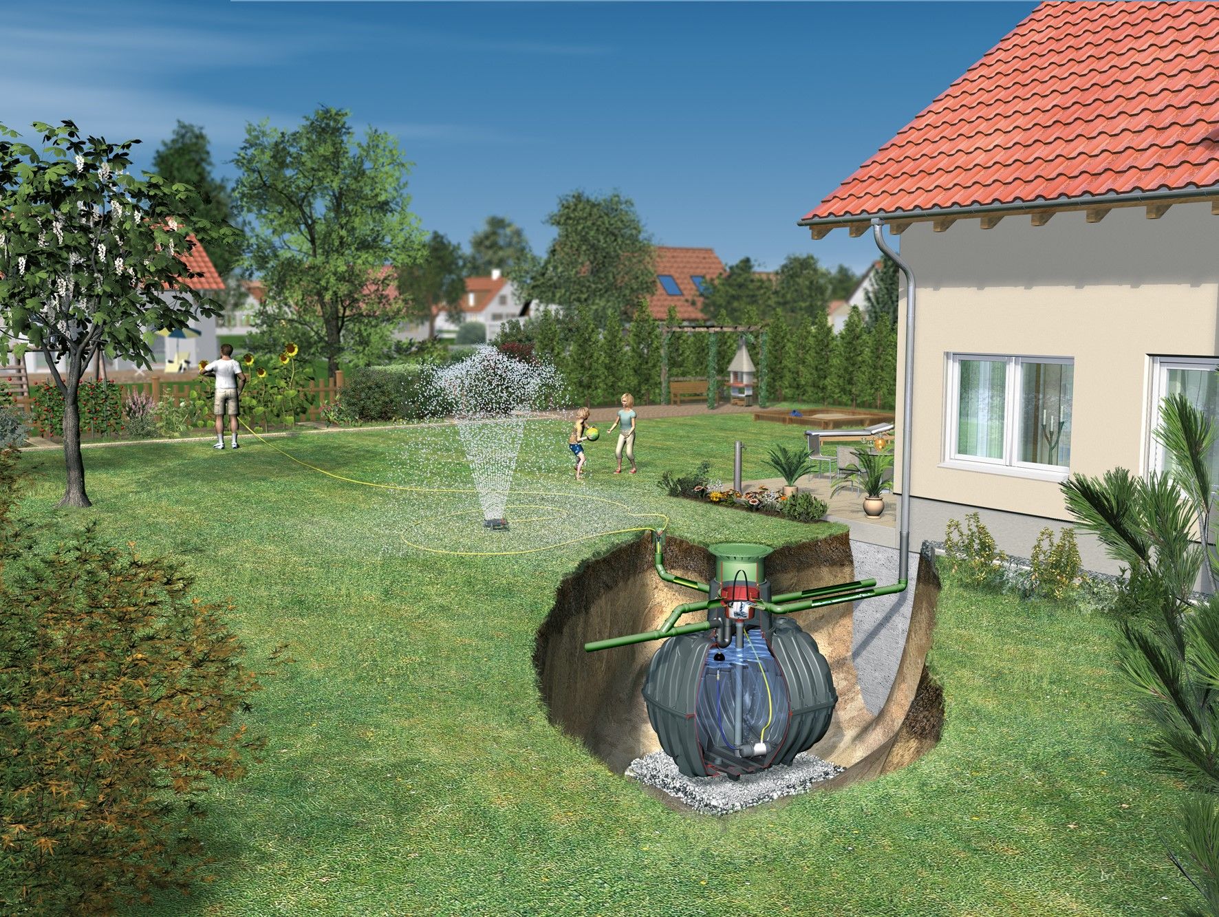 Sistema integral de gestión del agua en una vivienda, combinando un depósito soterrado y tecnología de tratamiento.