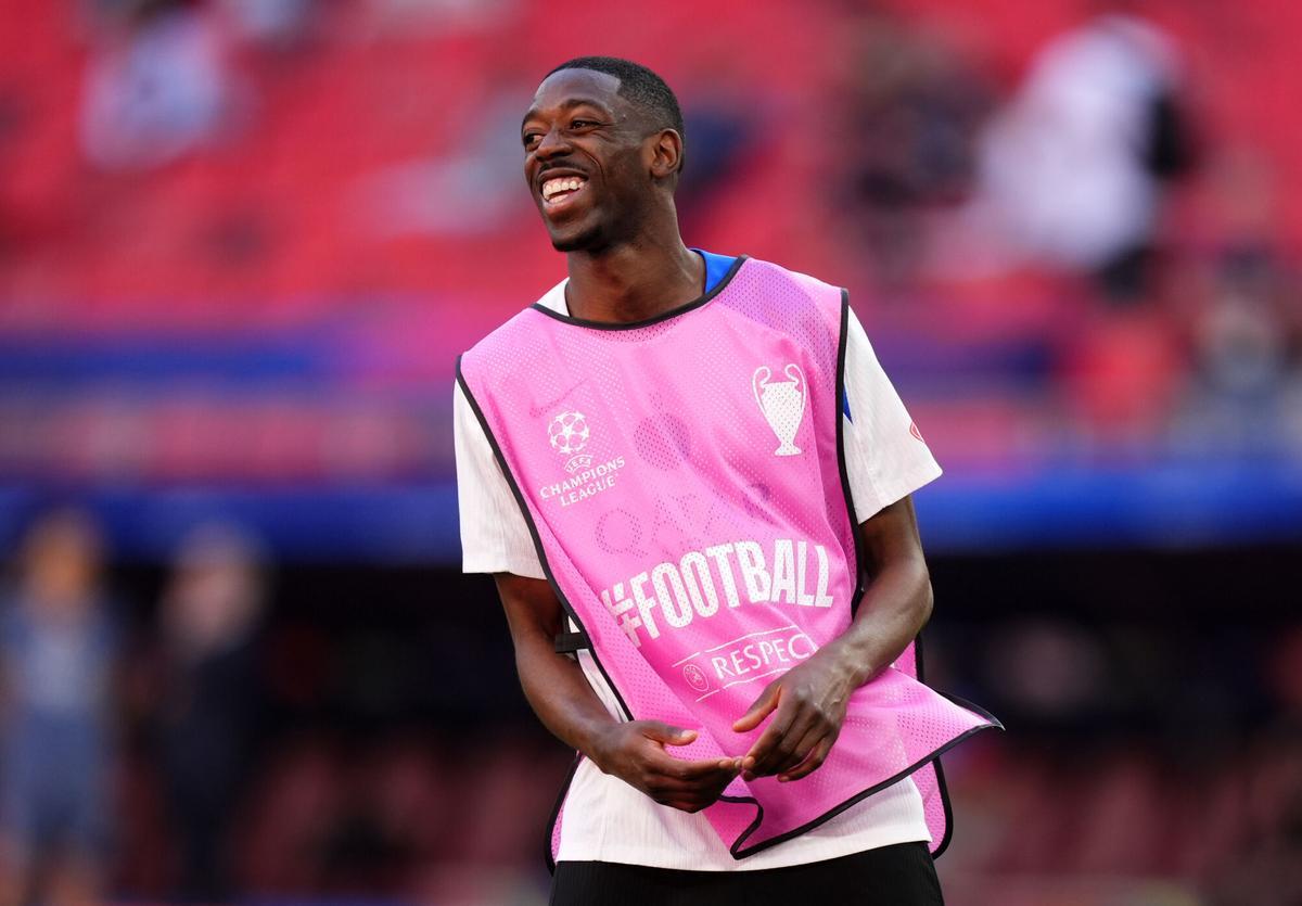 29 May 2026, Hungary, Budapest: Paris Saint-Germain's Ousmane Dembele reacts during a training session at the Puskas Arena, ahead of the Saturday's UEFA Champions League soccer match against Arsenal. Photo: Mike Egerton/PA Wire/dpa 29/05/2026 ONLY FOR USE IN SPAIN. Mike Egerton/PA Wire/dpa;PSG;soccer;football;sports;UEFA Champions League - Paris Saint-Germain training session