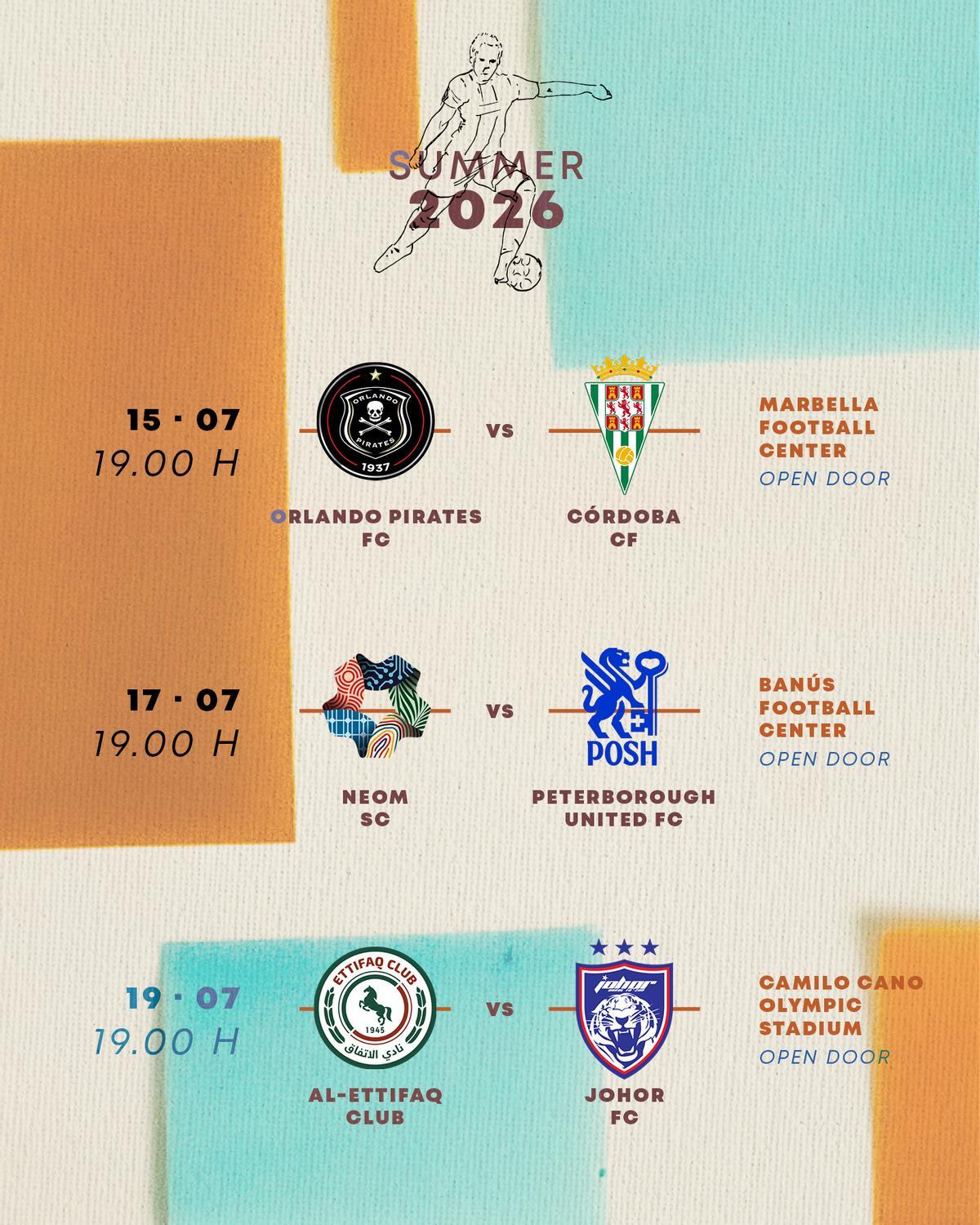Plan del Marbella Footbal Center con el encuentro Orlando Pirates-Córdoba CF, el próximo 15 de julio.