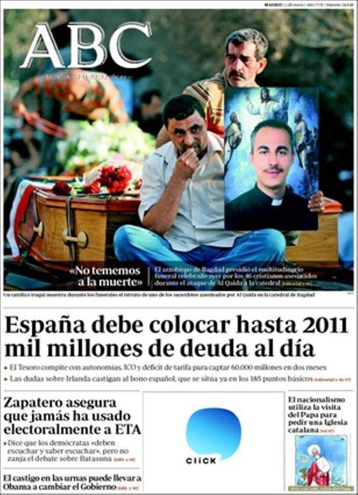 ’Abc’ també destaca a les pàgines interiors que la ministra Trinidad Jiménez rep avui el cap de la diplomàcia marroquina; que el Ministeri d’Interior espanyol dissenyarà una estratègia contra el crim organitzat similar a la terrorista, i que un llibre de Knut Ahnlund (Don Canuto) fa tremolar els fonaments de l’Acadèmia sueca al revelar draps bruts de la institució. Ofereix, a més, un especial de benvinguda a Benet XVI.