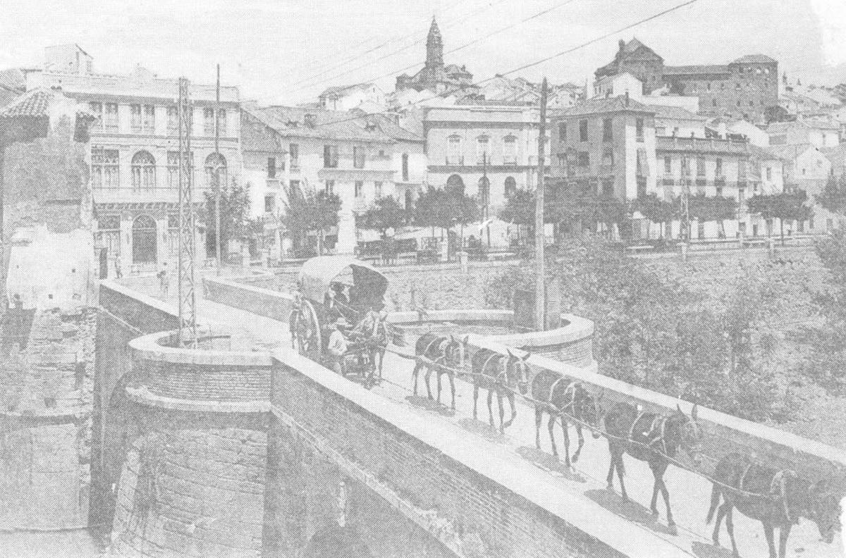 Caballos tirando de un carro por el puente sobre el Genil.