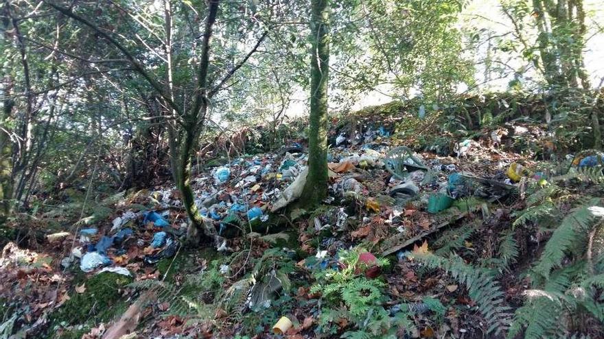 Imagen de este punto indebido de basura, en el vial que baja hacia la piscifactoría.