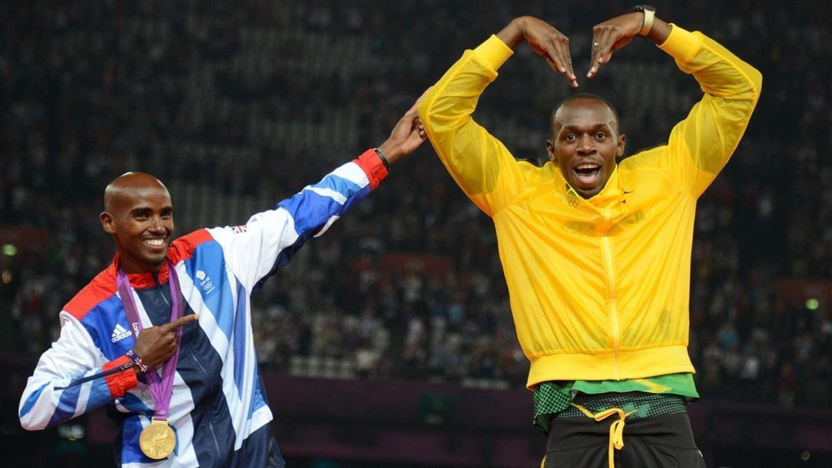 Farah, haciendo de Usain, y Bolt, con la 'M' de Mo, en los Juegos Olímpicos del 2012. Ahora volverán a ser protagonistas en Londres.