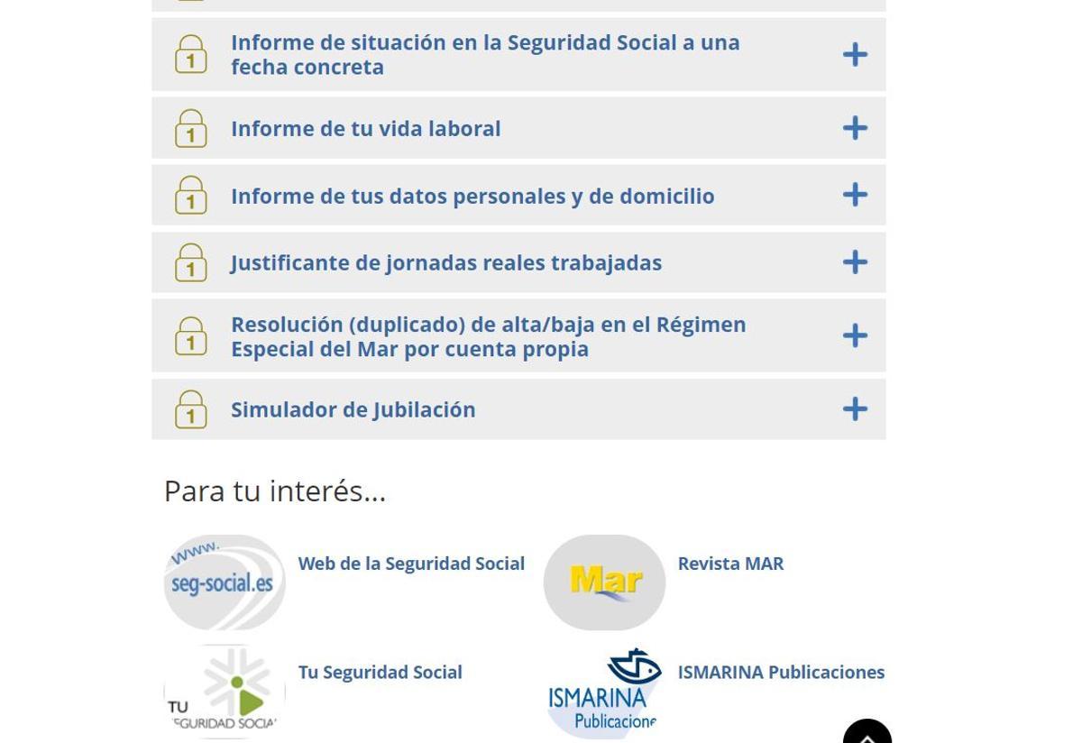 Imagen del desplegable de la web de Seguridad Social donde encontrar el simulador.